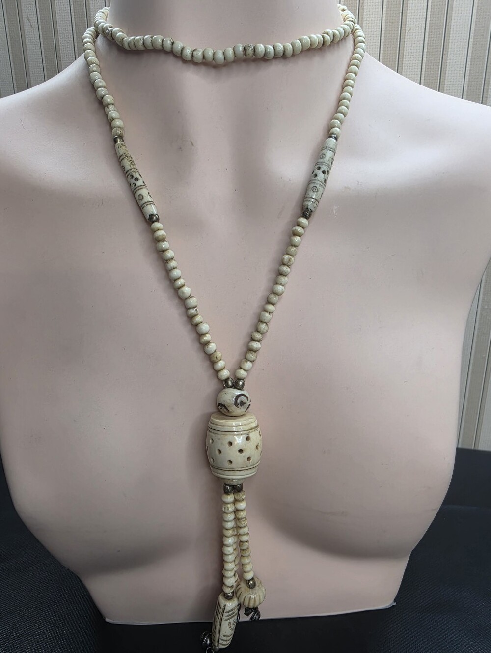 Vintage Carved Bone Tassel Necklace 34" Tribal Boho Artisan Statement